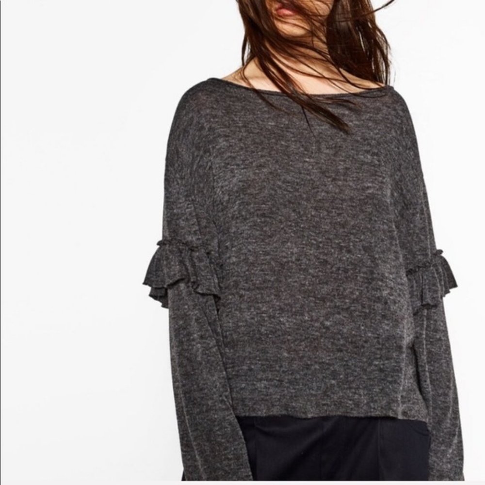 Zara Charcoal Grey Ruffle Sleeve Knit Sweater
